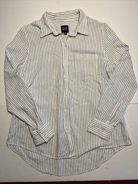 Gap The Easy Shirt Women’s Button Up Nautical Blue Stripes Linen Blend Sz Med